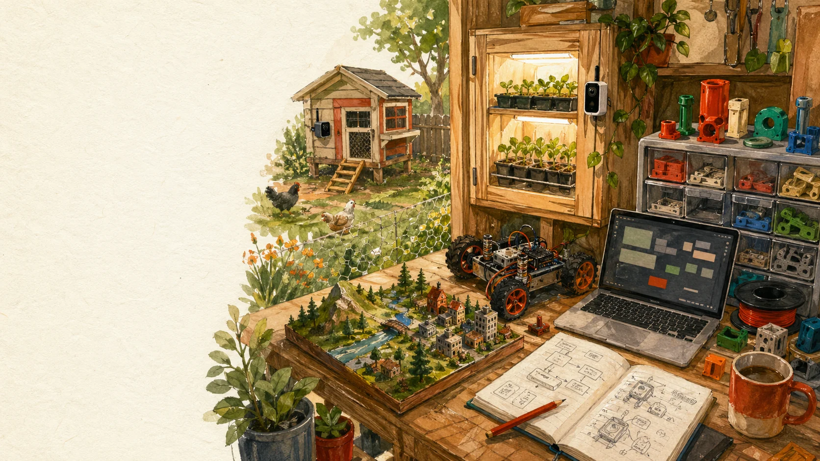 Illustrated backyard workshop with AI hobby projects, seedlings, electronics, and field notes.