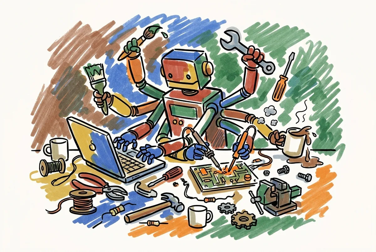 Ink sketch of a small robot at a cluttered workbench using several tools at once with extra arms.