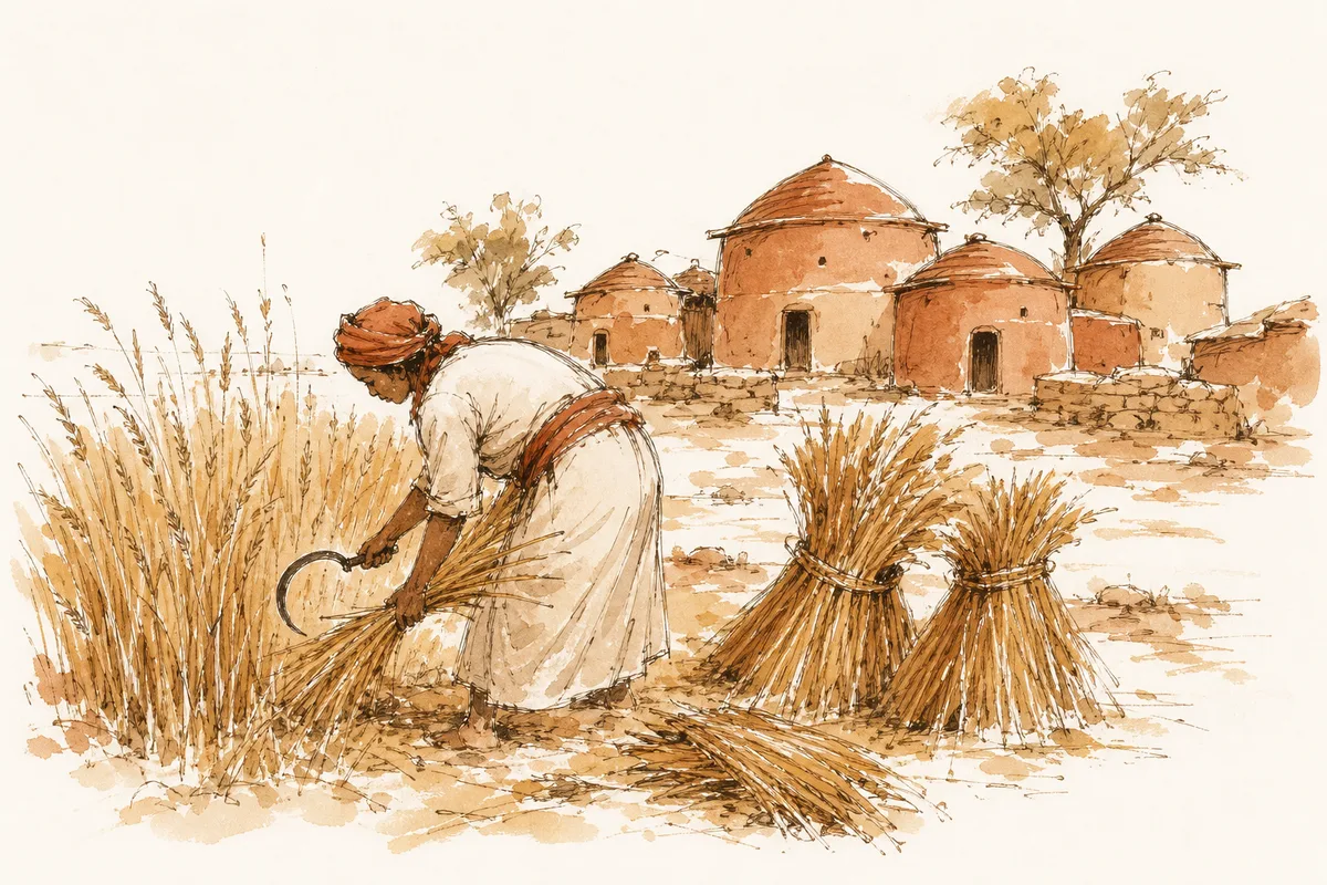 Ink sketch of a figure harvesting wheat with a sickle, mud-brick houses behind.