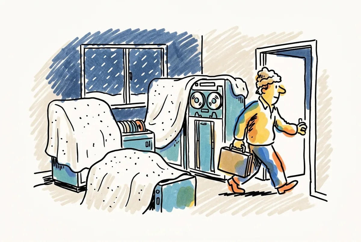 Ink sketch of computer cabinets under dust sheets, snow past the window, a figure leaving with a briefcase.