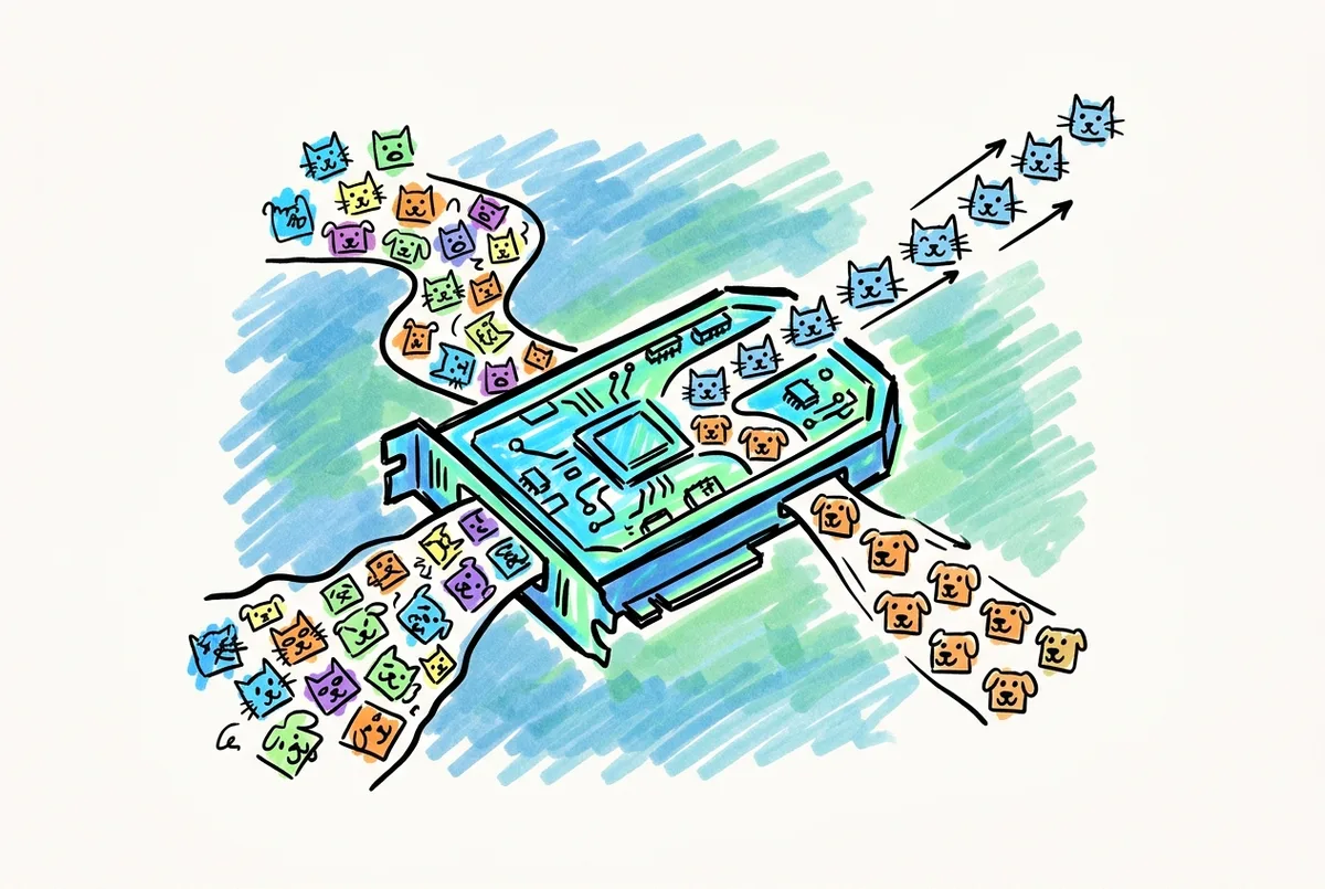 Ink sketch of a river of cat and dog photos flowing through a glowing graphics card and emerging sorted.