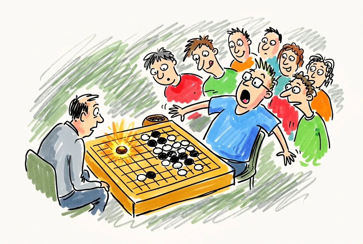 Ink sketch of a go board with one glowing stone, the human player leaning back astonished.