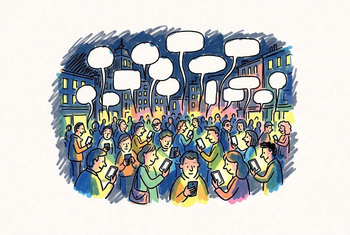 Ink sketch of a night-time crowd all lit by phone screens, empty speech bubbles rising into the sky.