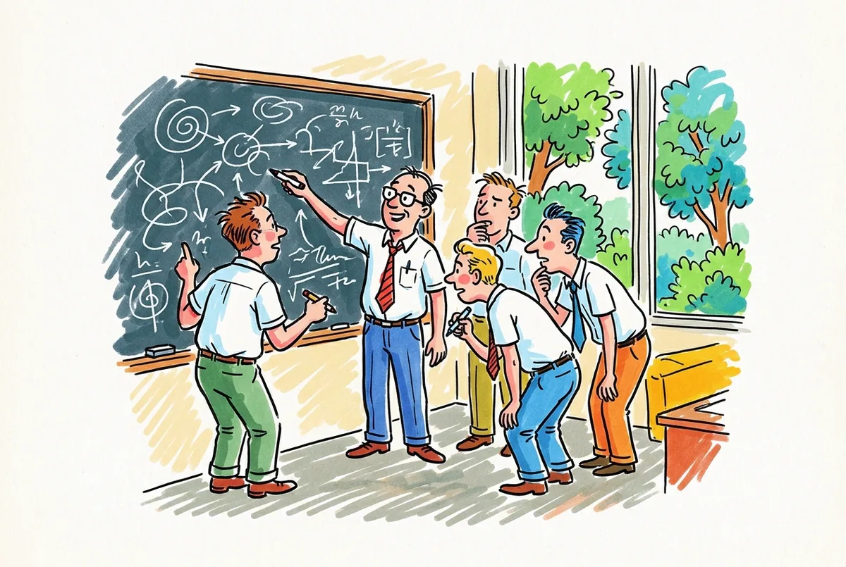 Ink sketch of 1950s academics around a chalkboard of diagrams, summer trees through the window.