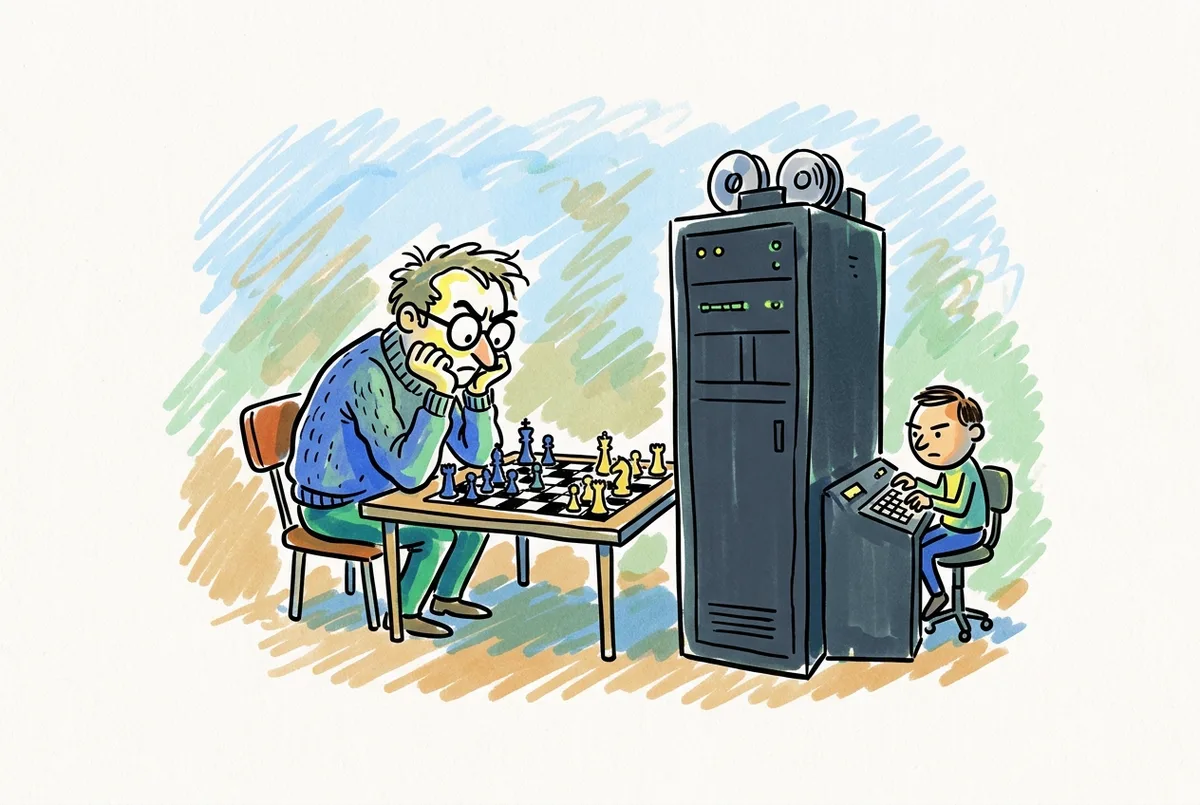 Ink sketch of a chess grandmaster hunched over the board facing a tall computer cabinet.