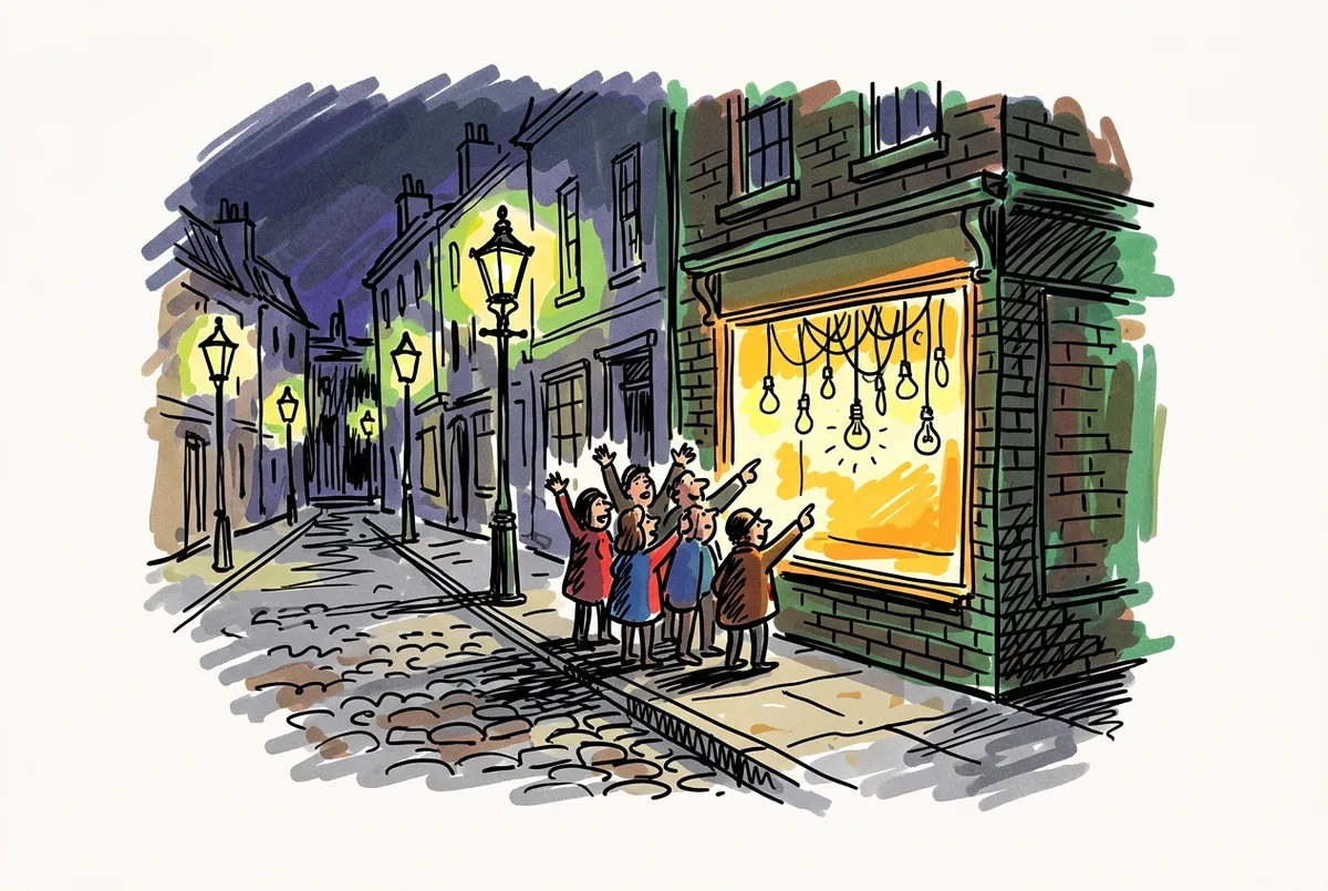 Ink sketch of a gaslit street with one shopfront glowing under new electric bulbs, a crowd gathered outside.