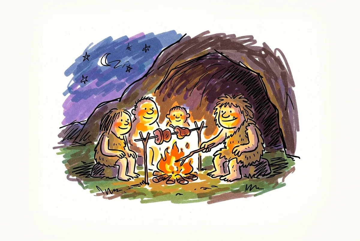 Ink sketch of early humans tending a campfire at a cave mouth, meat cooking on a stick.