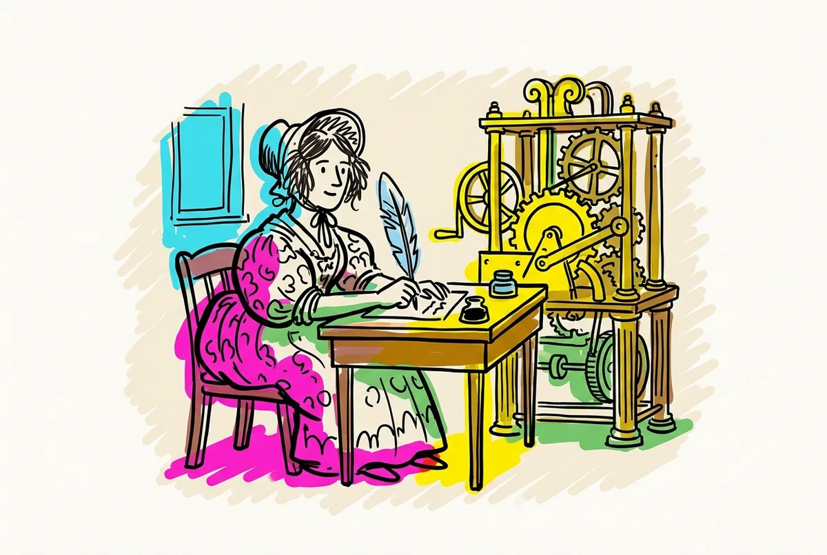 Ink sketch of Ada Lovelace at a writing desk beside a brass machine of gears.