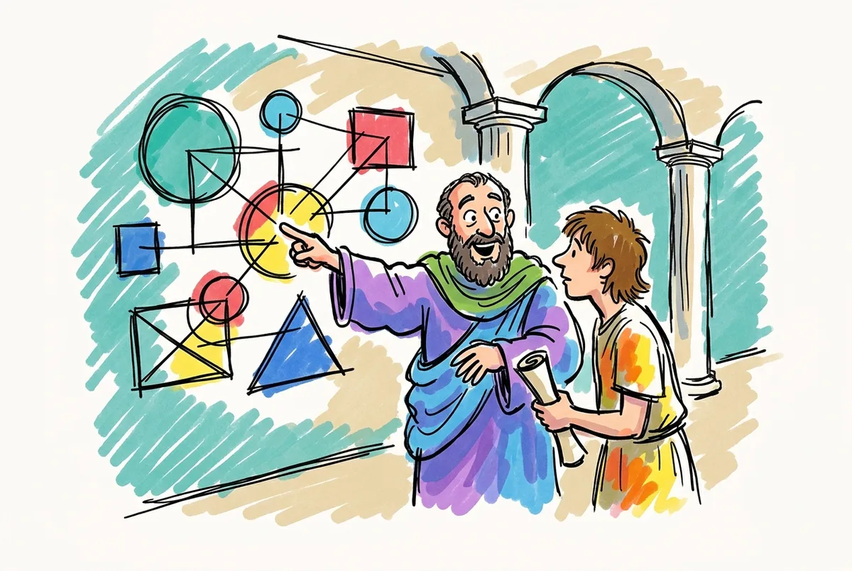 Ink sketch of a Greek philosopher gesturing at geometric diagrams on a portico wall.