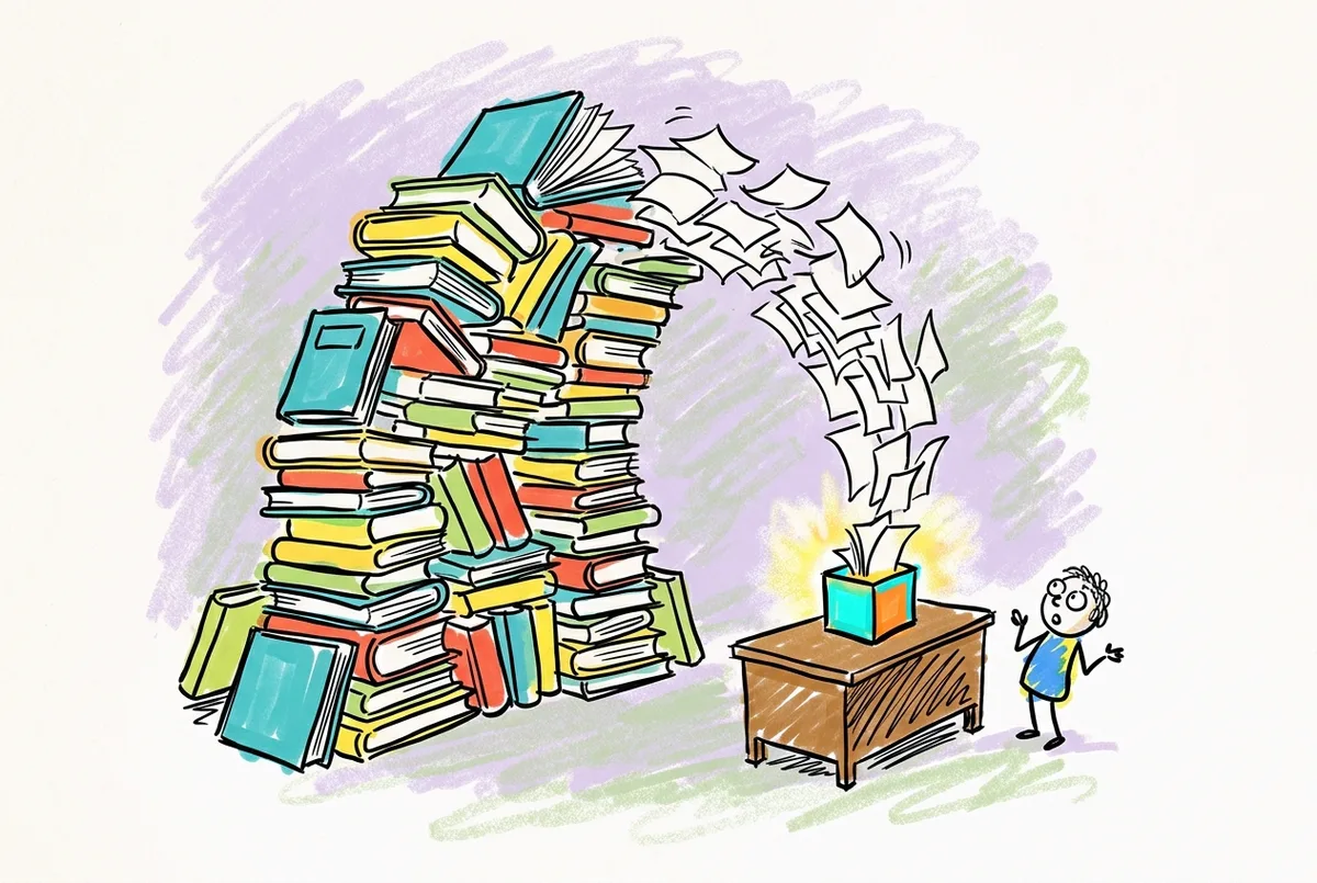Ink sketch of a towering wall of books feeding page by page into a small glowing box on a desk.