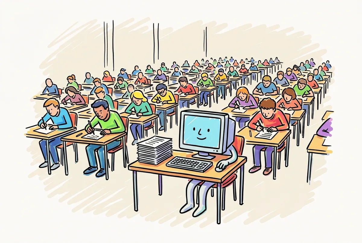 Ink sketch of a desktop computer seated at an exam desk among human test-takers, finishing first.