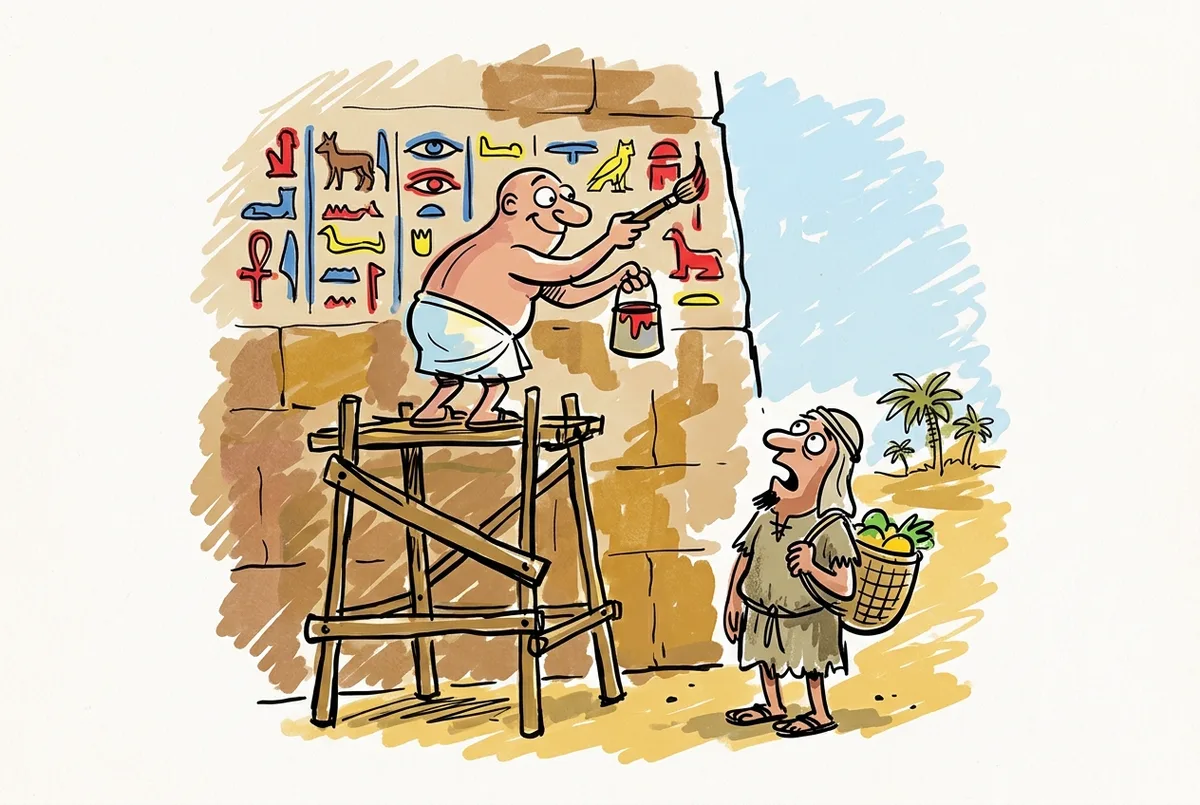 Ink sketch of an Egyptian scribe painting hieroglyphs on a temple wall, a farmer watching without comprehension.