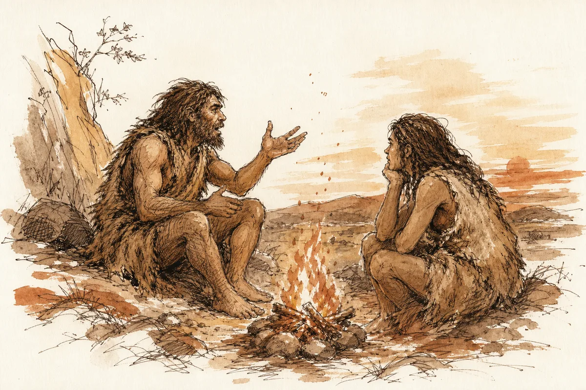 Ink sketch of two early humans talking by a campfire at dusk, one gesturing mid-story.