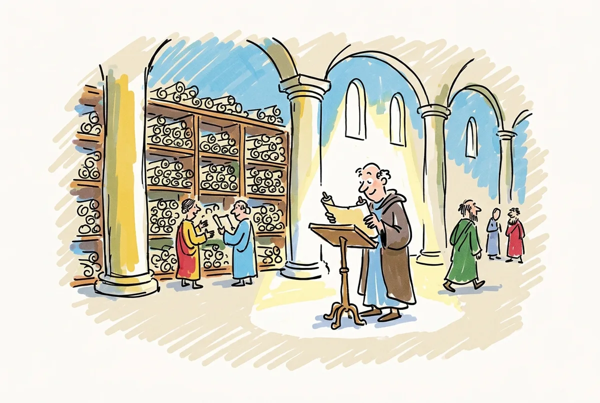 Ink sketch of scholars among towering shelves of scrolls in a grand hall, one reading at a lectern.