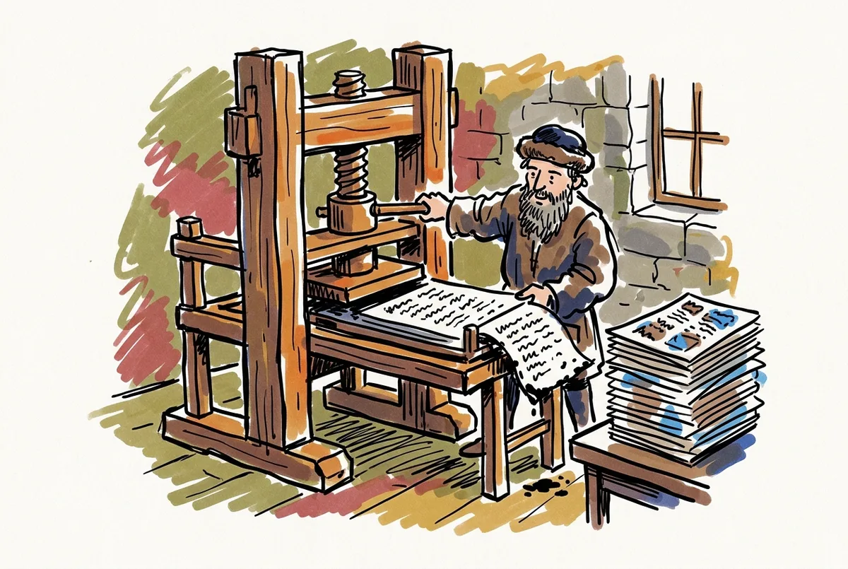 Ink sketch of Gutenberg working an early wooden printing press, printed pages stacking up.