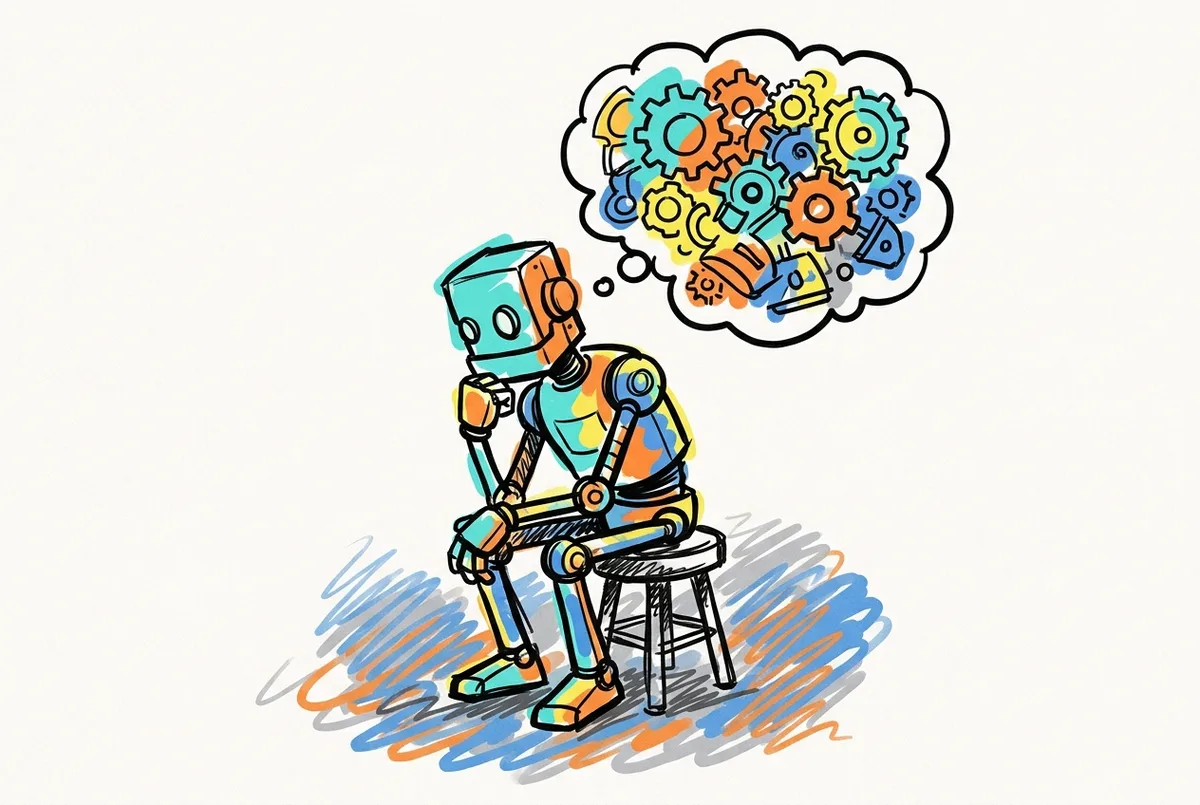 Ink sketch of a small robot in the Thinker pose, a thought bubble of interlocking gears above it.