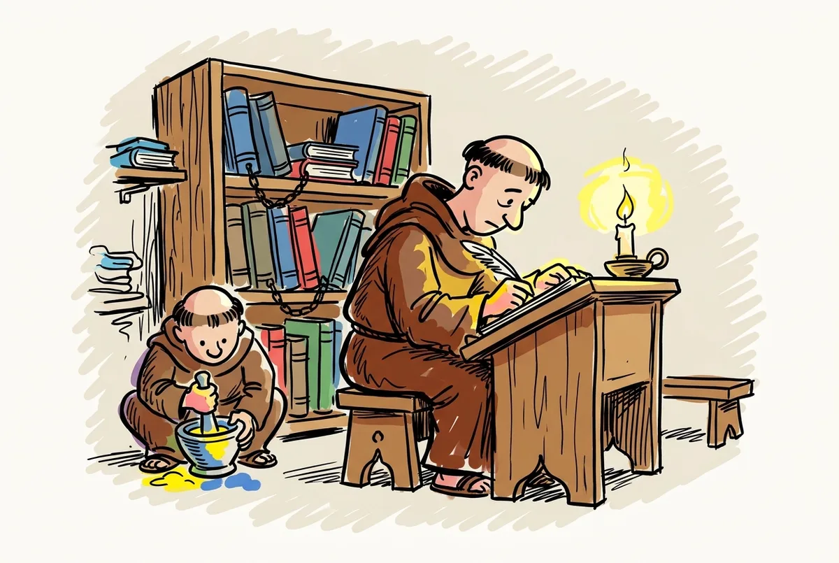 Ink sketch of a monk hunched over a slanted desk copying a manuscript by candlelight, shelves of chained books behind.
