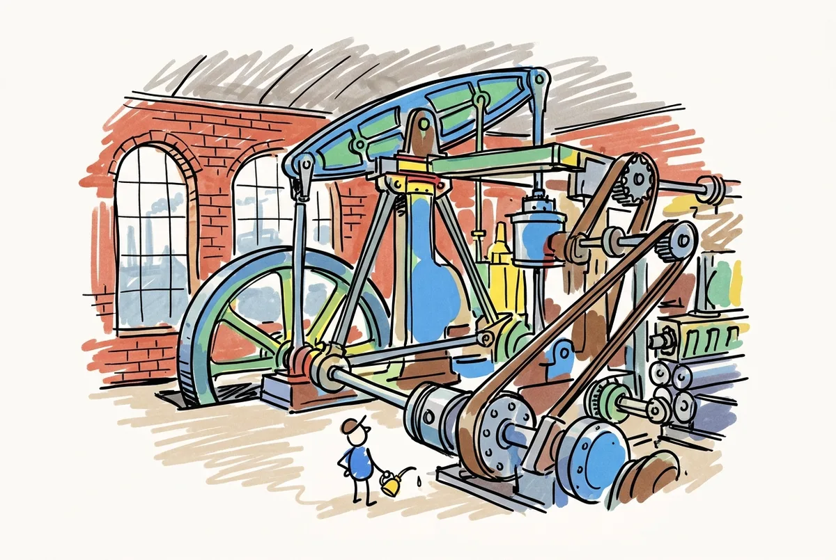 Ink sketch of a beam engine driving factory machinery, a worker dwarfed beneath it.