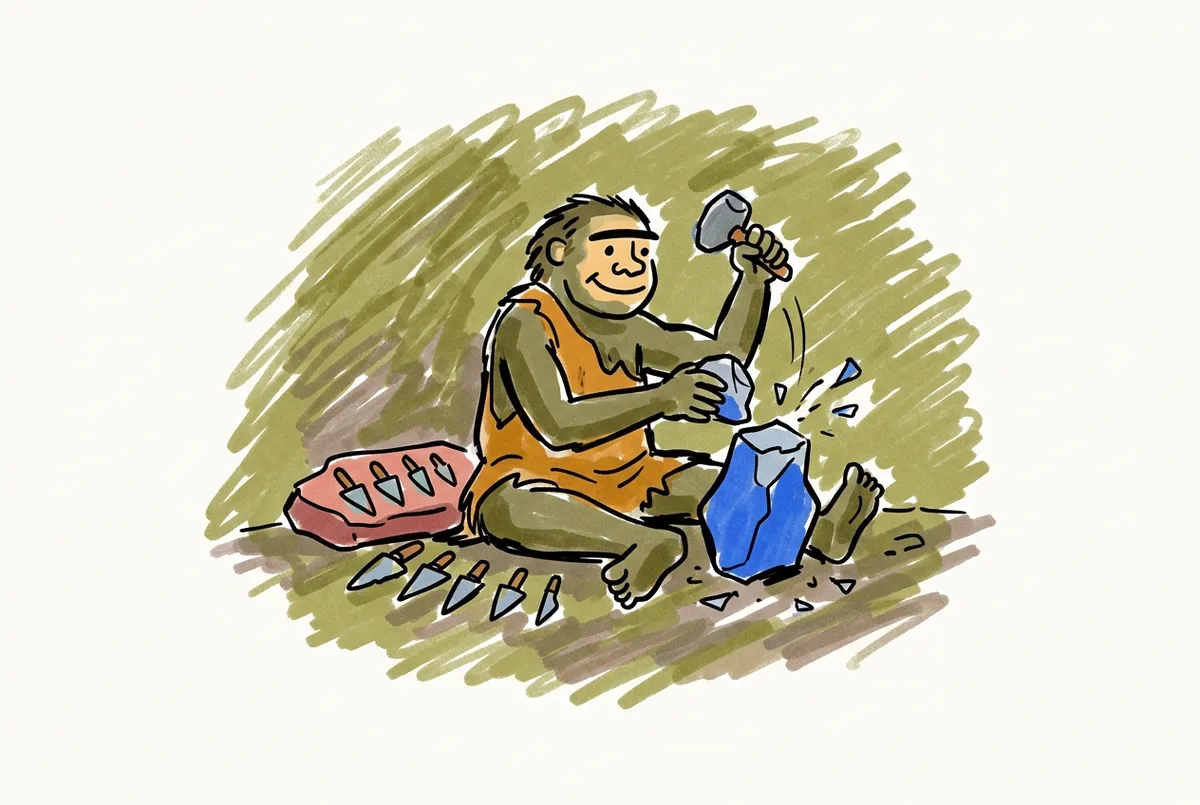 Ink sketch of a hominin striking flakes off a stone core, finished cutting tools laid out on a rock.