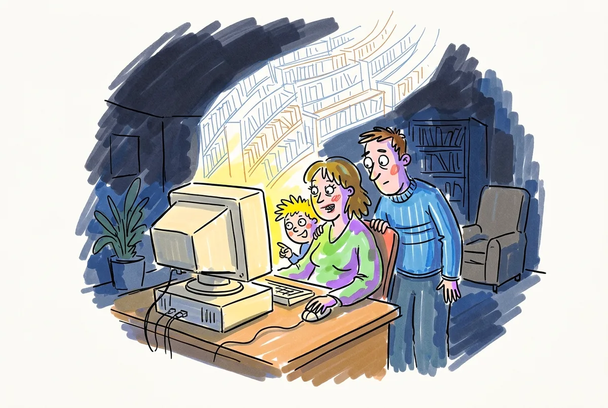 Ink sketch of a family around a bulky home computer at night, a vast faint library of shelves rising out of the screen.