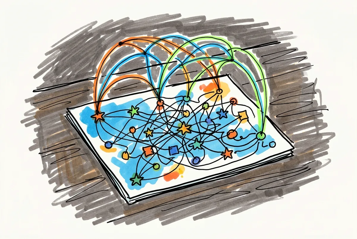 Ink sketch of a sheet of paper with a web of glowing threads arcing above it, each point connected to many others.