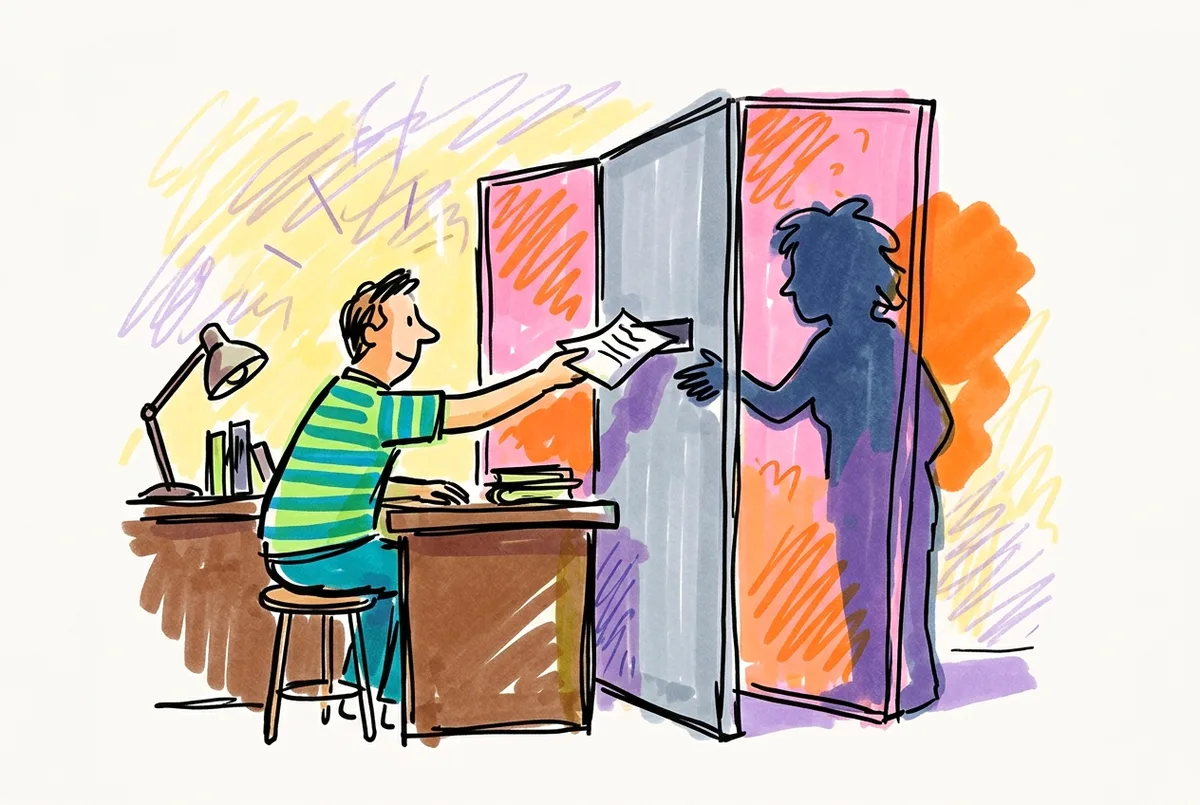 Ink sketch of a person passing handwritten notes through a slot in a tall screen, a silhouette on the other side.