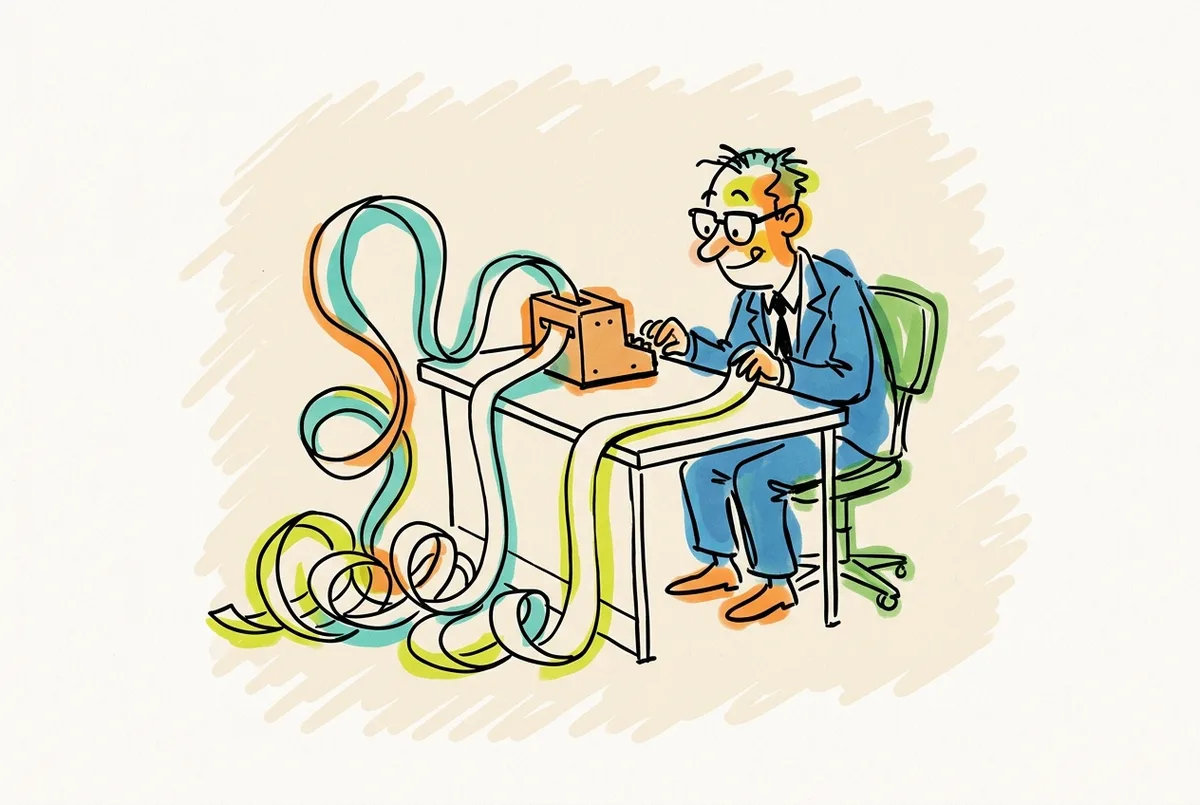 Ink sketch of a mathematician watching a long paper tape feed through a small boxy machine.