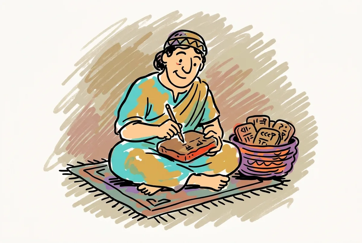 Ink sketch of a Sumerian scribe pressing a stylus into a clay tablet.