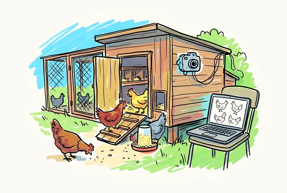 Ink sketch of a backyard chicken coop with a wall camera and a laptop on a garden chair showing sketches of hens.